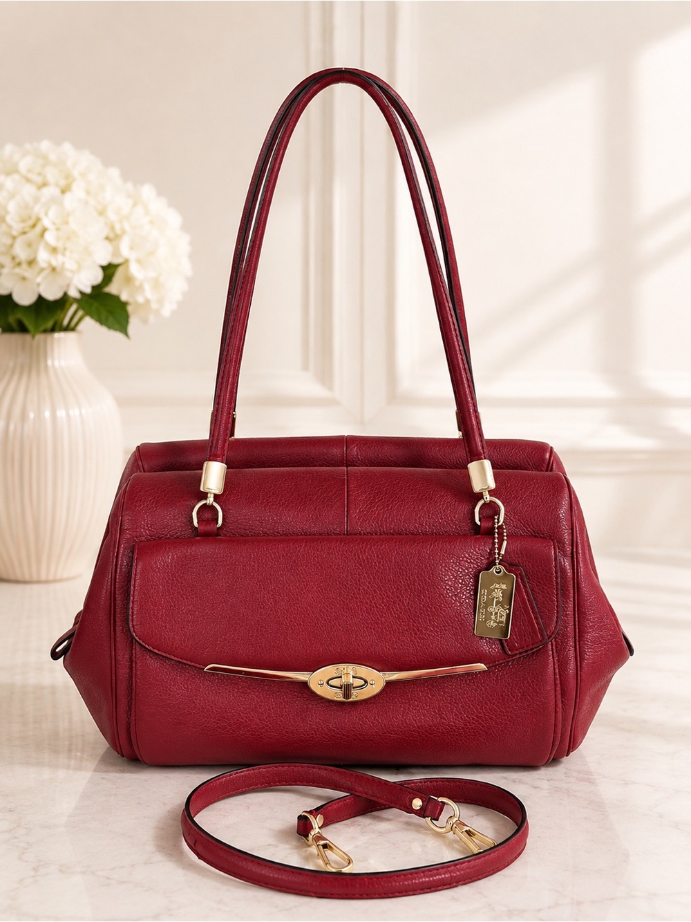 Coach Madison Madeline Red Leather Turnlock Satchel Crossbody Shoulder Bag 25166